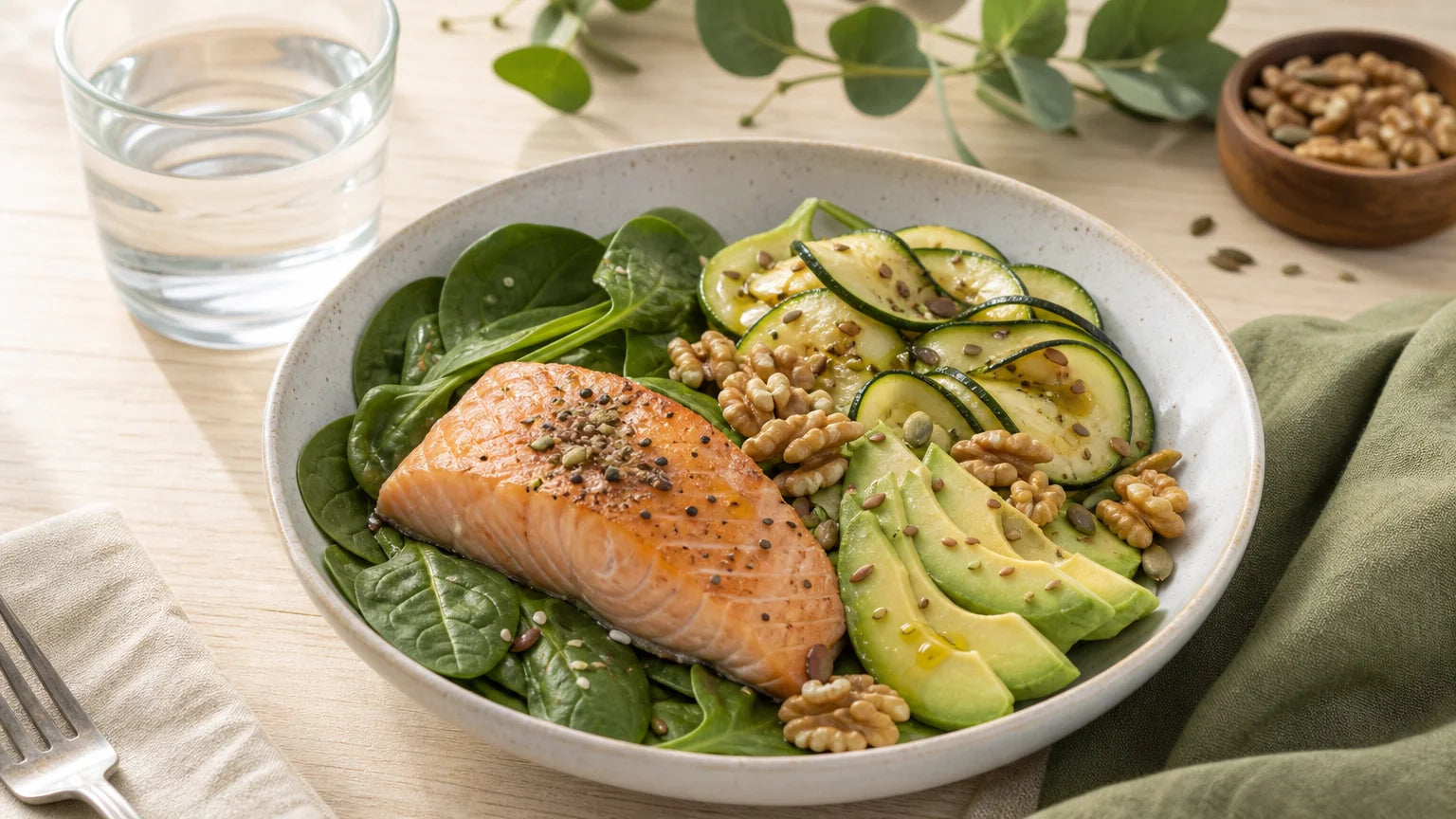 Composition d’aliments compatibles avec une alimentation cétogène, avec saumon, avocat, légumes verts et noix.