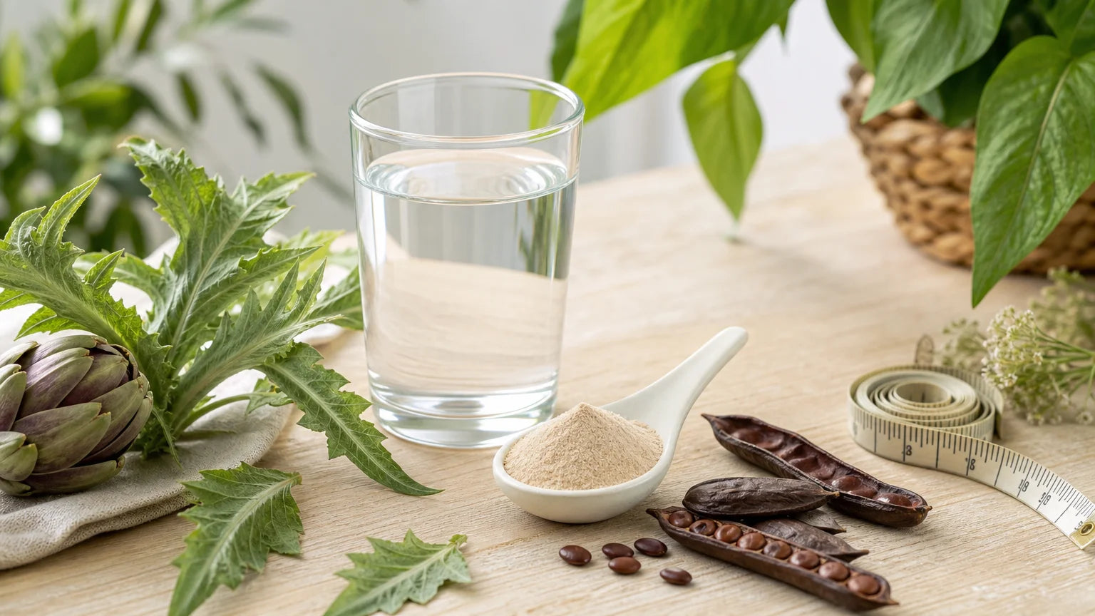Verre d'eau, poudre minceur et plantes naturelles sur une table en bois clair