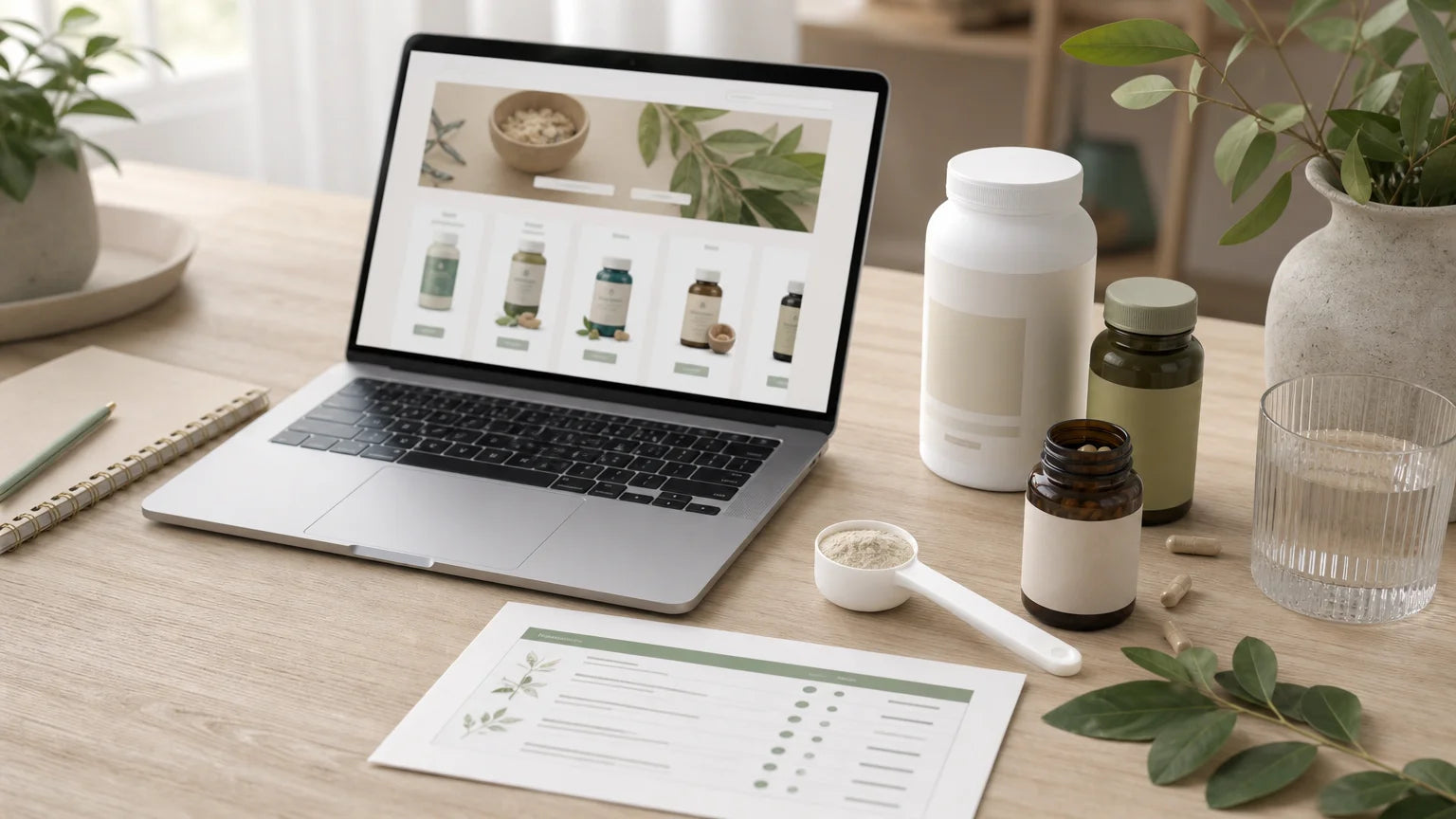 Bureau naturel avec ordinateur et flacons neutres de compléments alimentaires pour un achat en ligne raisonné.