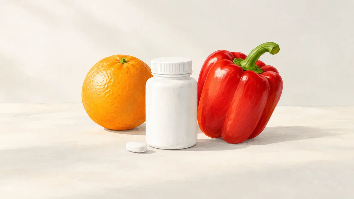 Comprimé de complément près d’une orange et d’un poivron rouge