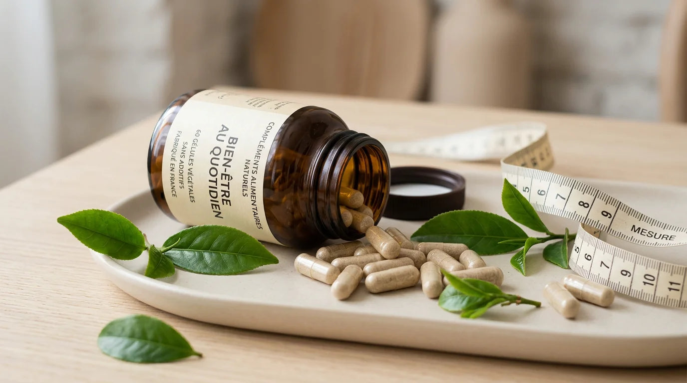 Flacon de gélules minceur végétales entouré de plantes et d'un ruban de mesure