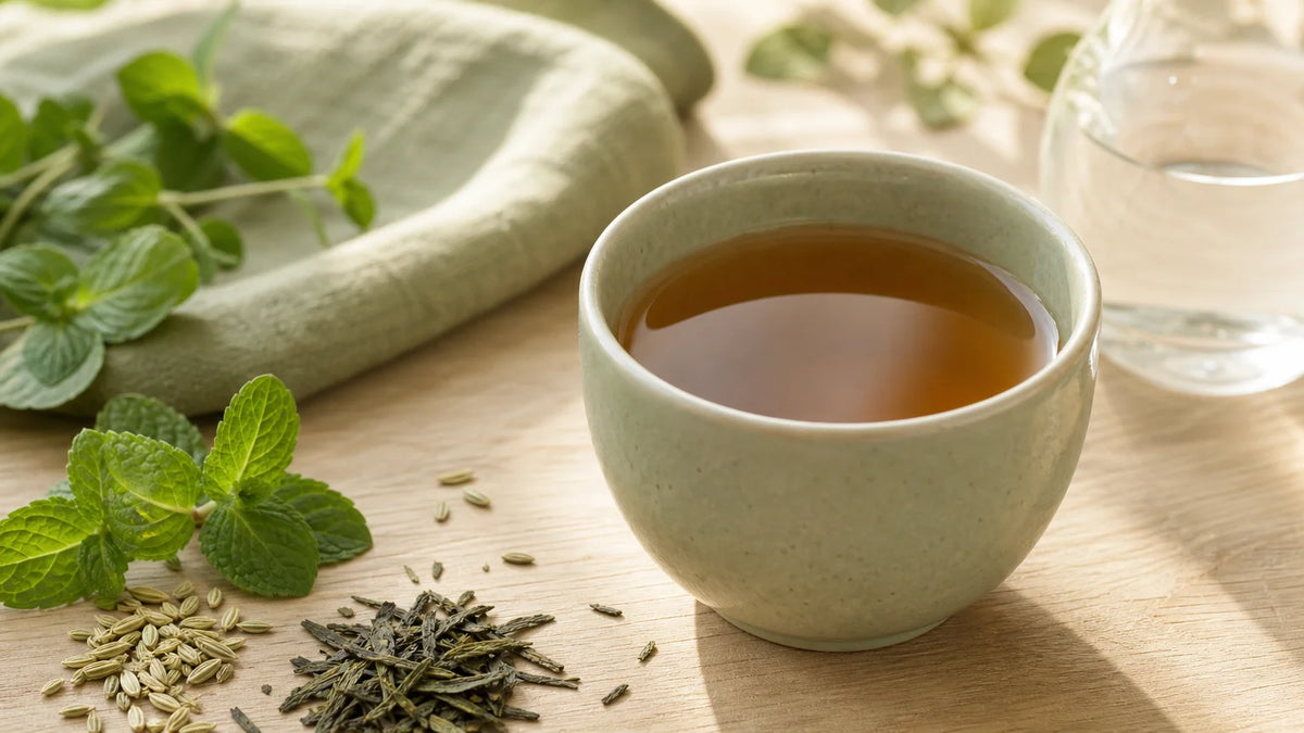 Tasse d’infusion aux plantes minceur sur une table en bois