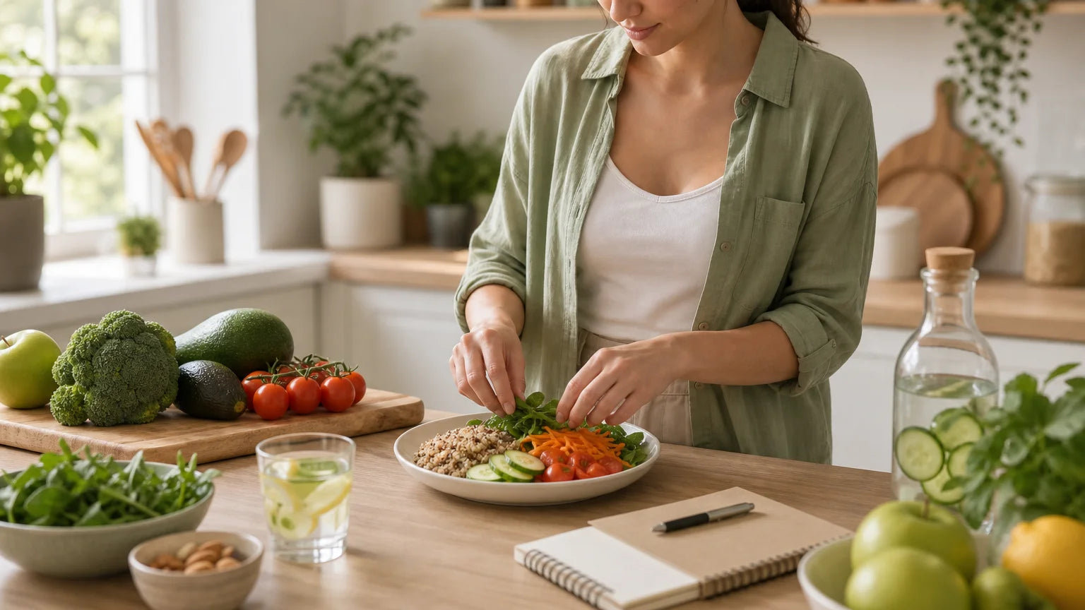 Personne préparant une assiette équilibrée de légumes frais dans une cuisine lumineuse