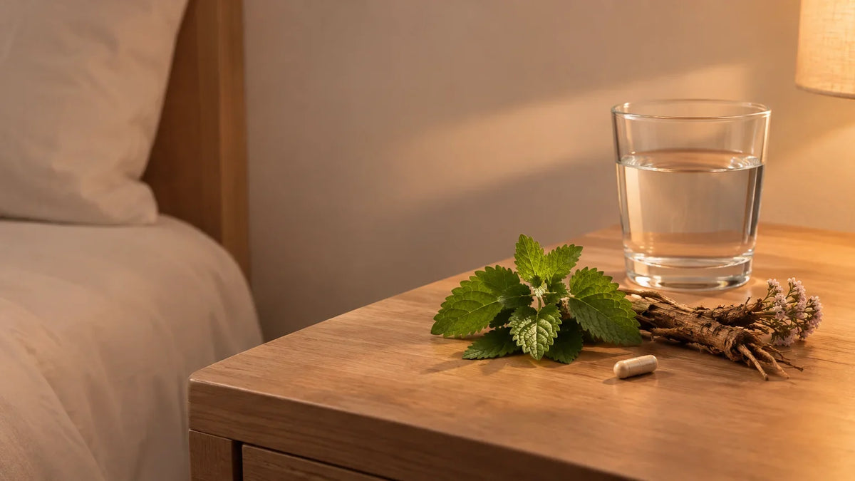 Feuilles de mélisse, racine de valériane, verre d’eau et gélule près d’une table de chevet.
