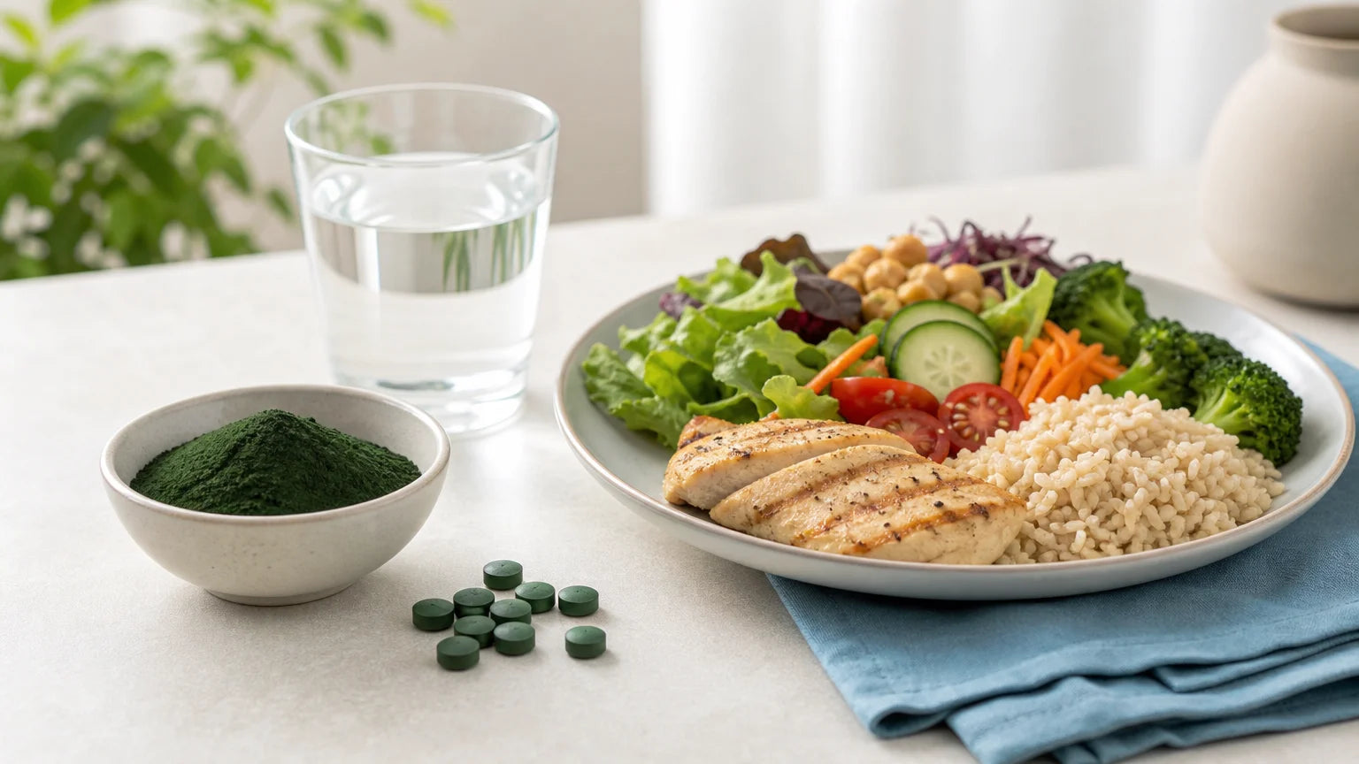 Poudre et comprimés de spiruline près d’une assiette équilibrée