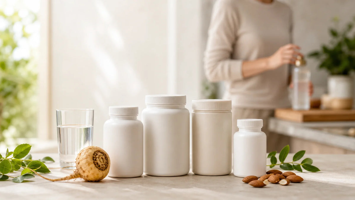 Sélection de compléments alimentaires orientés énergie et vitalité sur une table claire