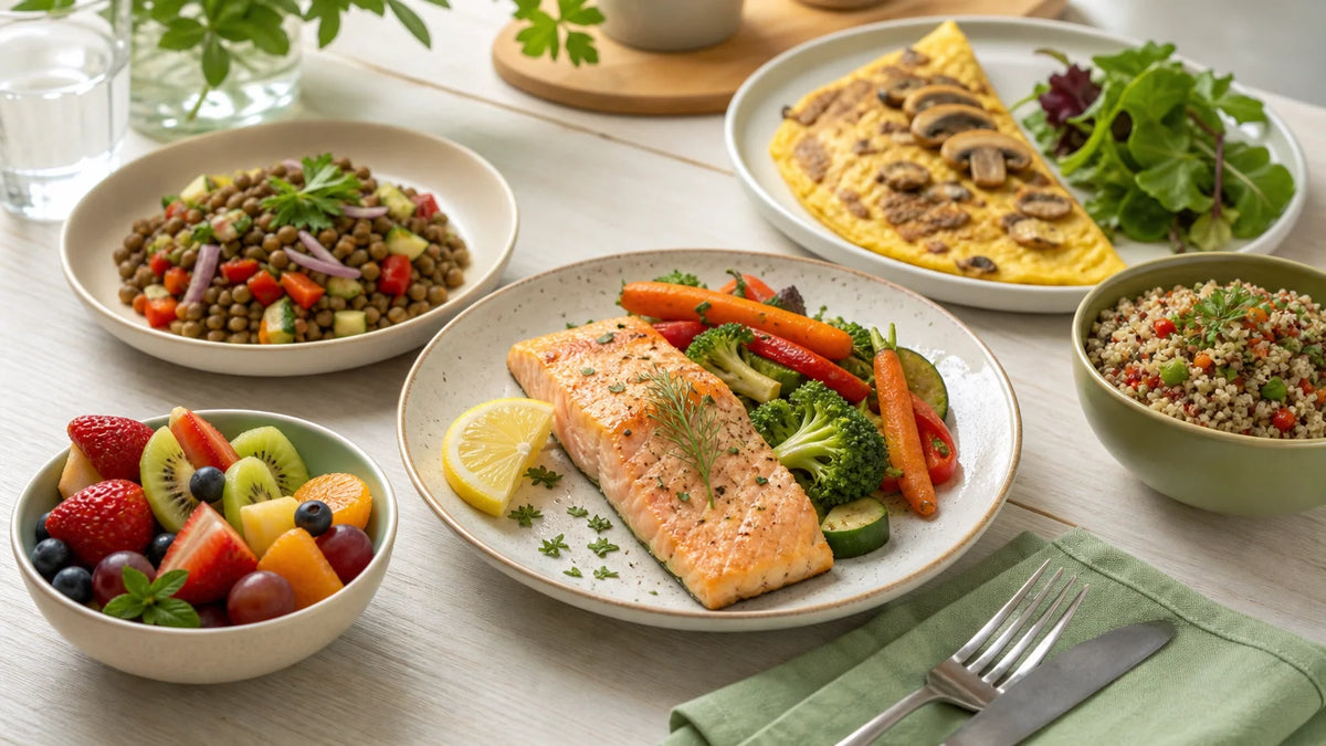 Assortiment de repas équilibrés avec légumes, protéines, céréales et fruits