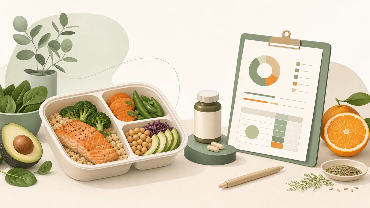 Illustration d’une balance comparant repas préparés, ingrédients frais et complément alimentaire autour d’un budget minceur.