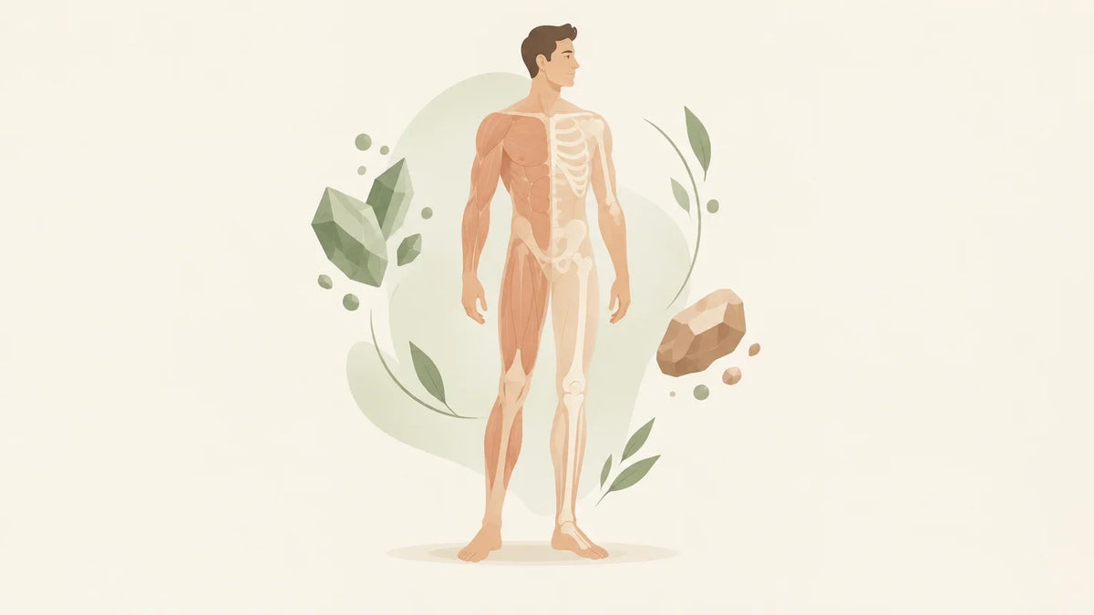 Illustration éditoriale d’une silhouette humaine évoquant les rôles du magnésium dans les os et les muscles