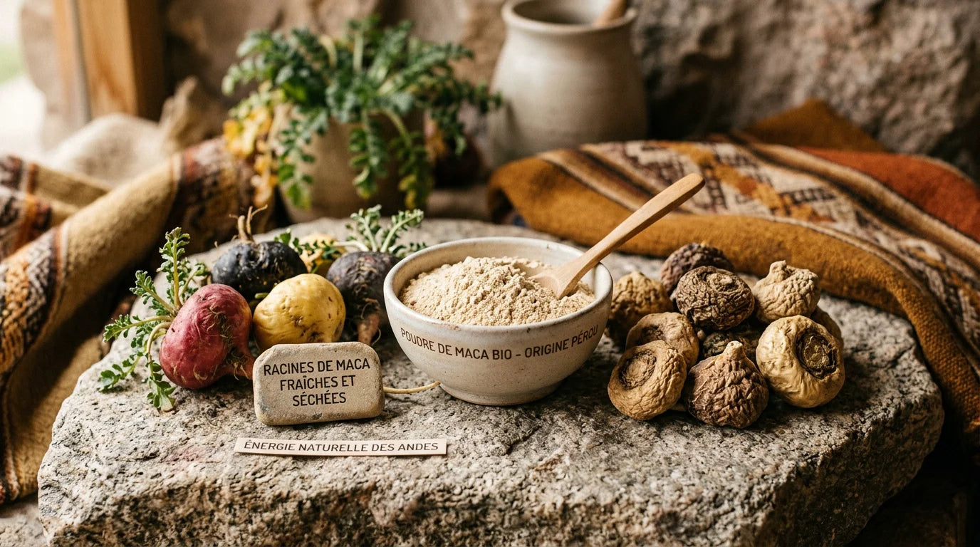 Racines de maca et poudre disposées sur une surface naturelle en pierre