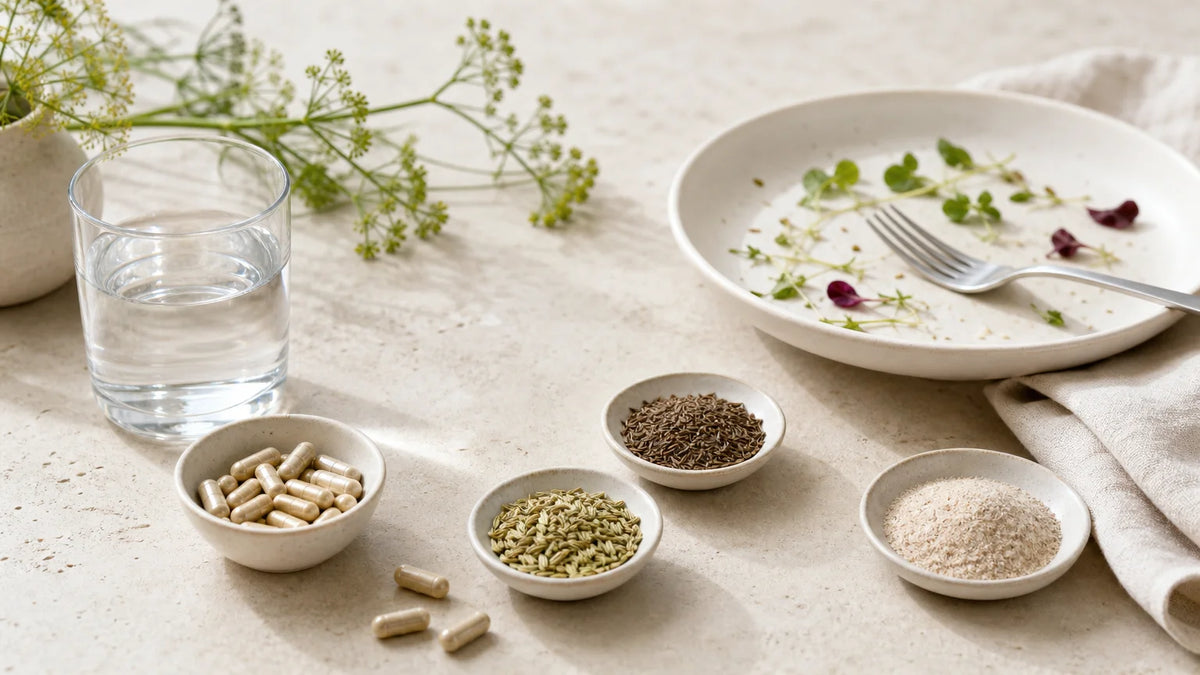 Nature morte avec verre d’eau, capsules génériques et plantes digestives après un repas