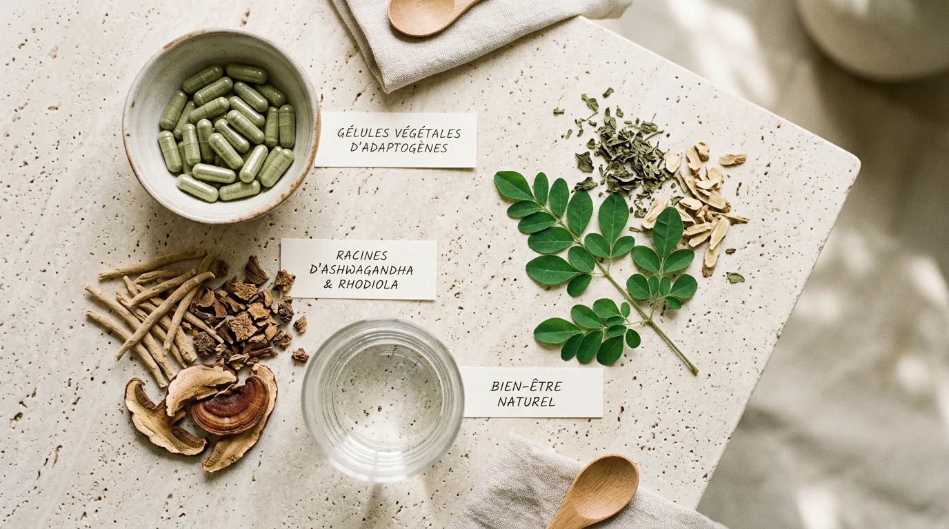 Composition de compléments à base de plantes et d'herbes apaisantes sur fond clair