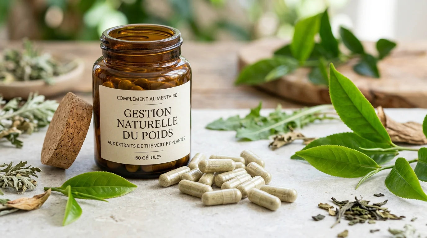 Gélules minceur naturelles sortant d'un pot en verre avec des feuilles de thé vert