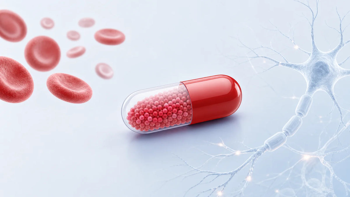 Illustration médicale représentant la vitamine B12, les globules rouges et le système nerveux