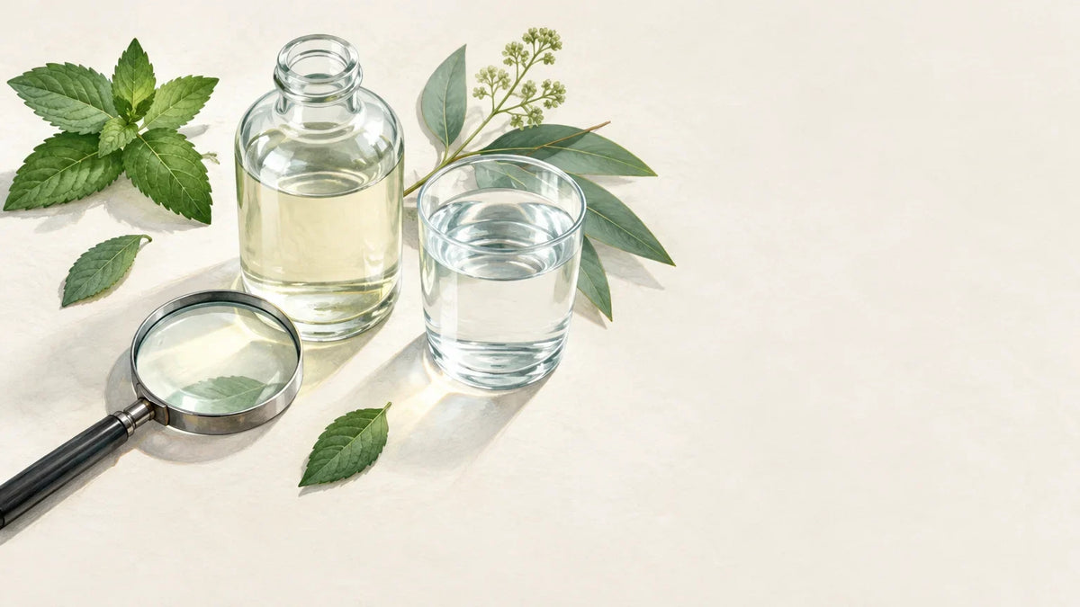Flacon générique, verre d’eau et feuilles botaniques réunis dans une nature morte éditoriale.