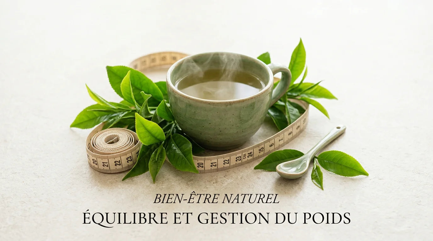 Tasse de thé vert fumant entouré de feuilles fraîches et d'un mètre ruban