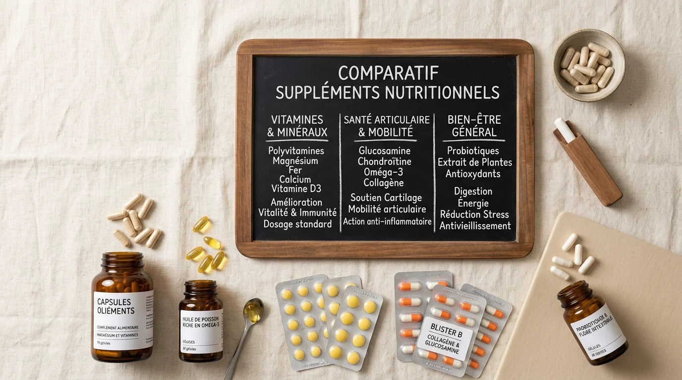 Vue d'ensemble de compléments alimentaires disposés pour un comparatif
