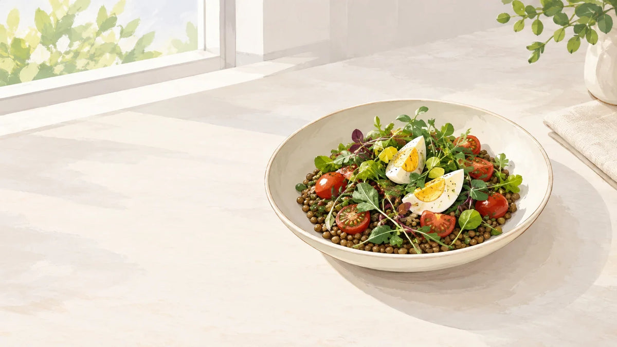 Salade de lentilles, œuf et légumes pour un repas rapide et équilibré