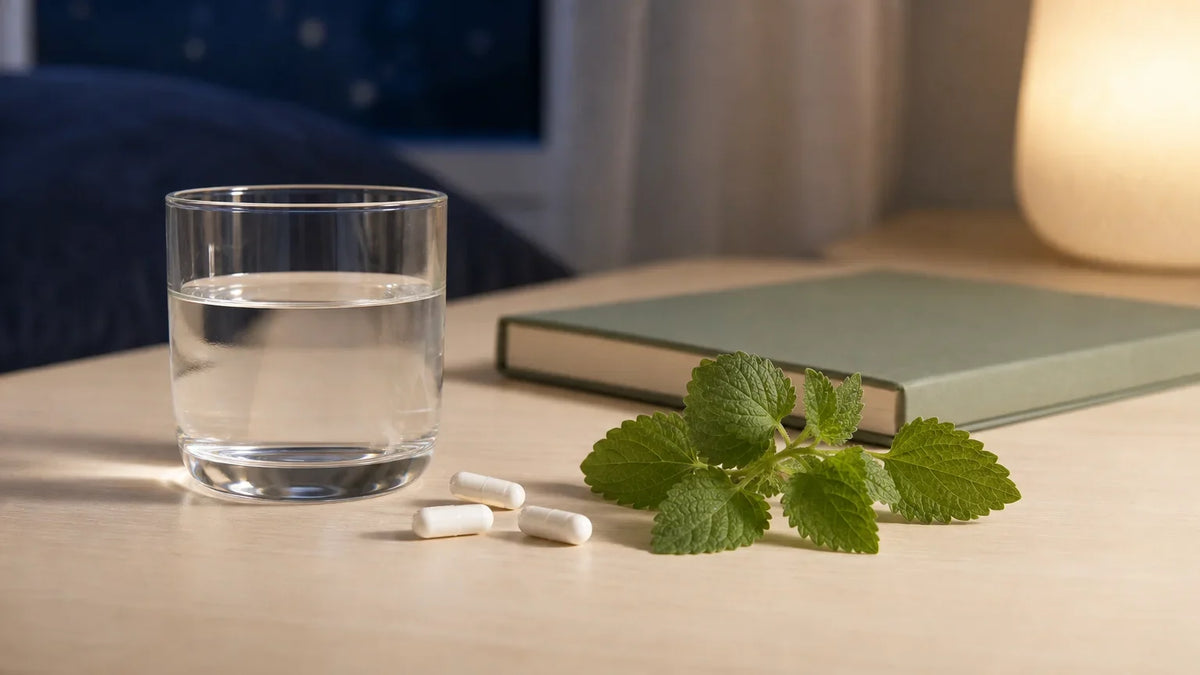 Nature morte éditoriale avec un verre d’eau, quelques gélules blanches et des plantes dans une ambiance apaisante de coucher.
