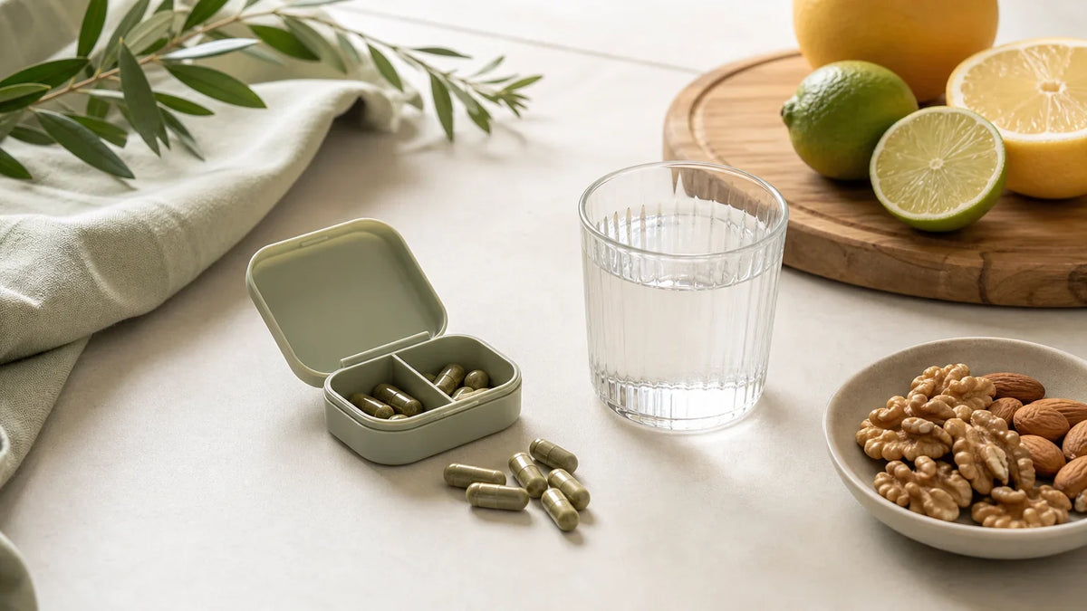Gélules et aliments disposés sur une surface claire pour illustrer le choix d’un complément alimentaire.