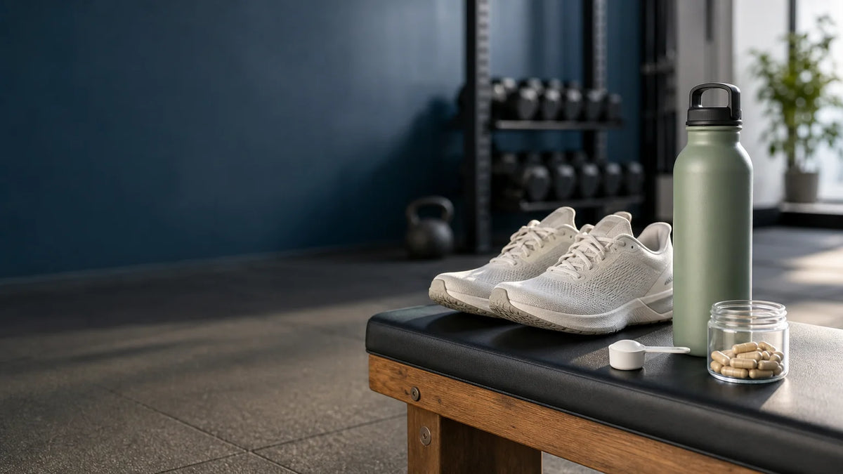 Accessoires de sport et gélules génériques illustrant le choix d’un complément énergie