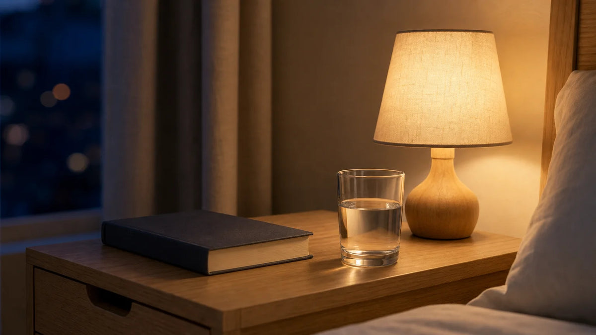 Table de chevet avec un livre et un verre d’eau dans une chambre calme