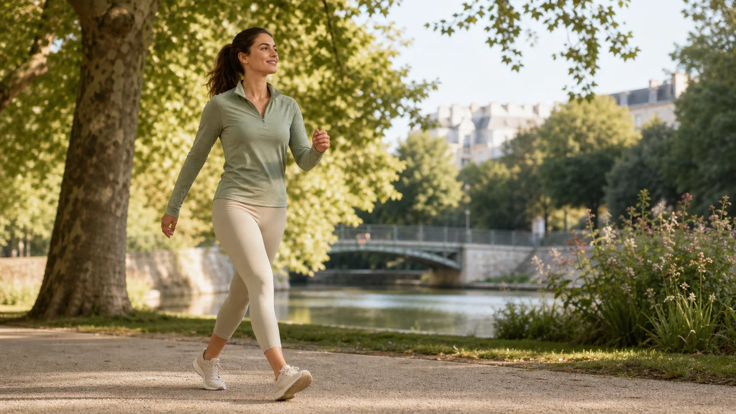 Personne adulte pratiquant une marche rapide dans un parc pour accompagner son objectif de silhouette plus tonique.