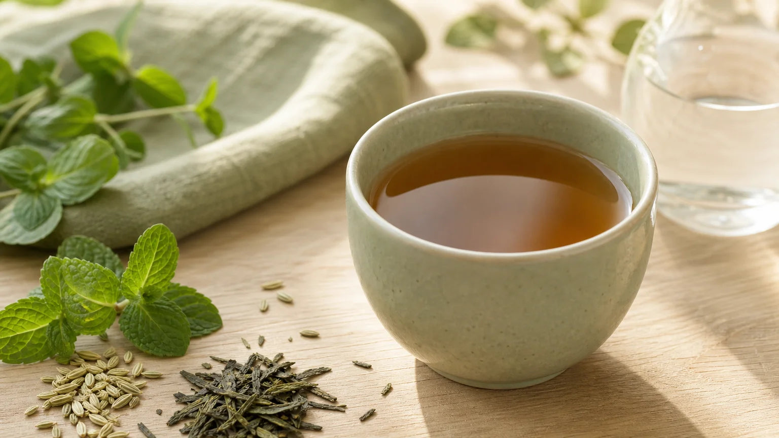Tasse d’infusion aux plantes minceur sur une table en bois