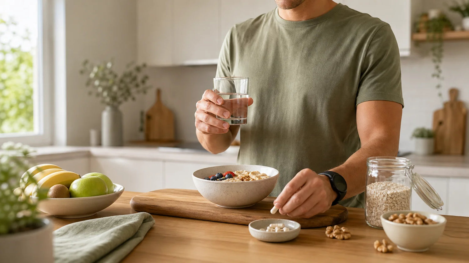 Adulte préparant une routine matinale équilibrée avec eau, fruits et gélules neutres