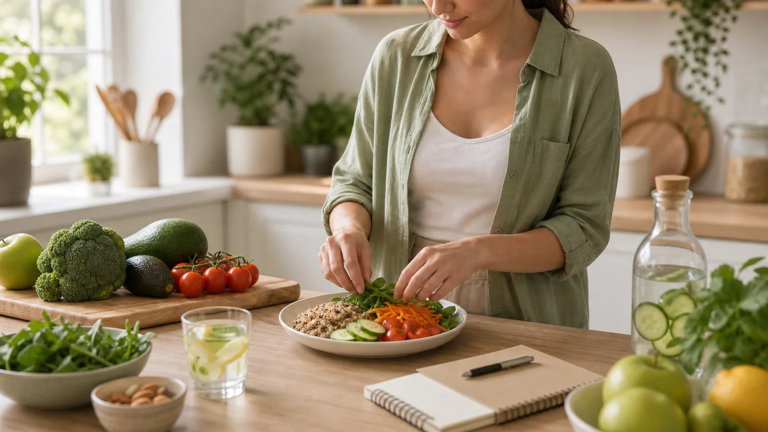 Personne préparant une assiette équilibrée de légumes frais dans une cuisine lumineuse