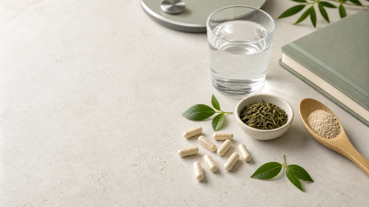 Gélules génériques, plantes et verre d’eau illustrant le choix de produits minceur.
