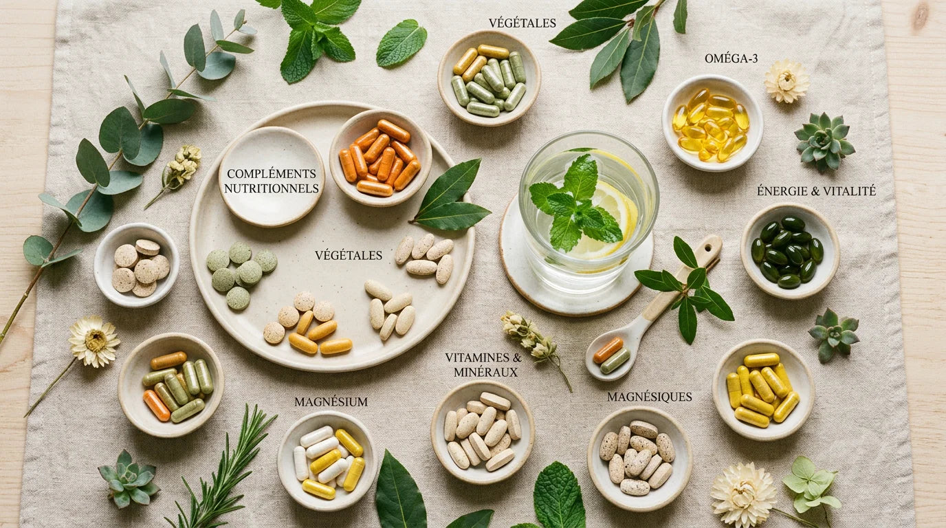 Compléments alimentaires disposés autour d'un verre d'eau et de plantes