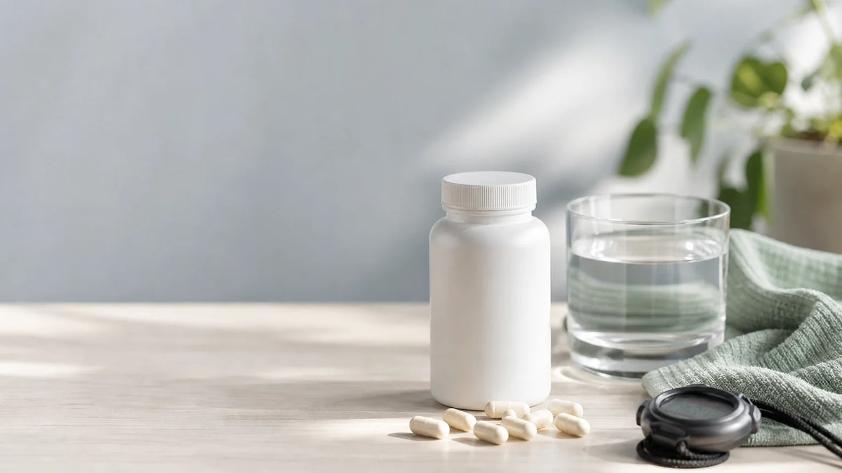 Compléments sans marque disposés avec un verre d’eau et des accessoires sportifs sur une table claire.